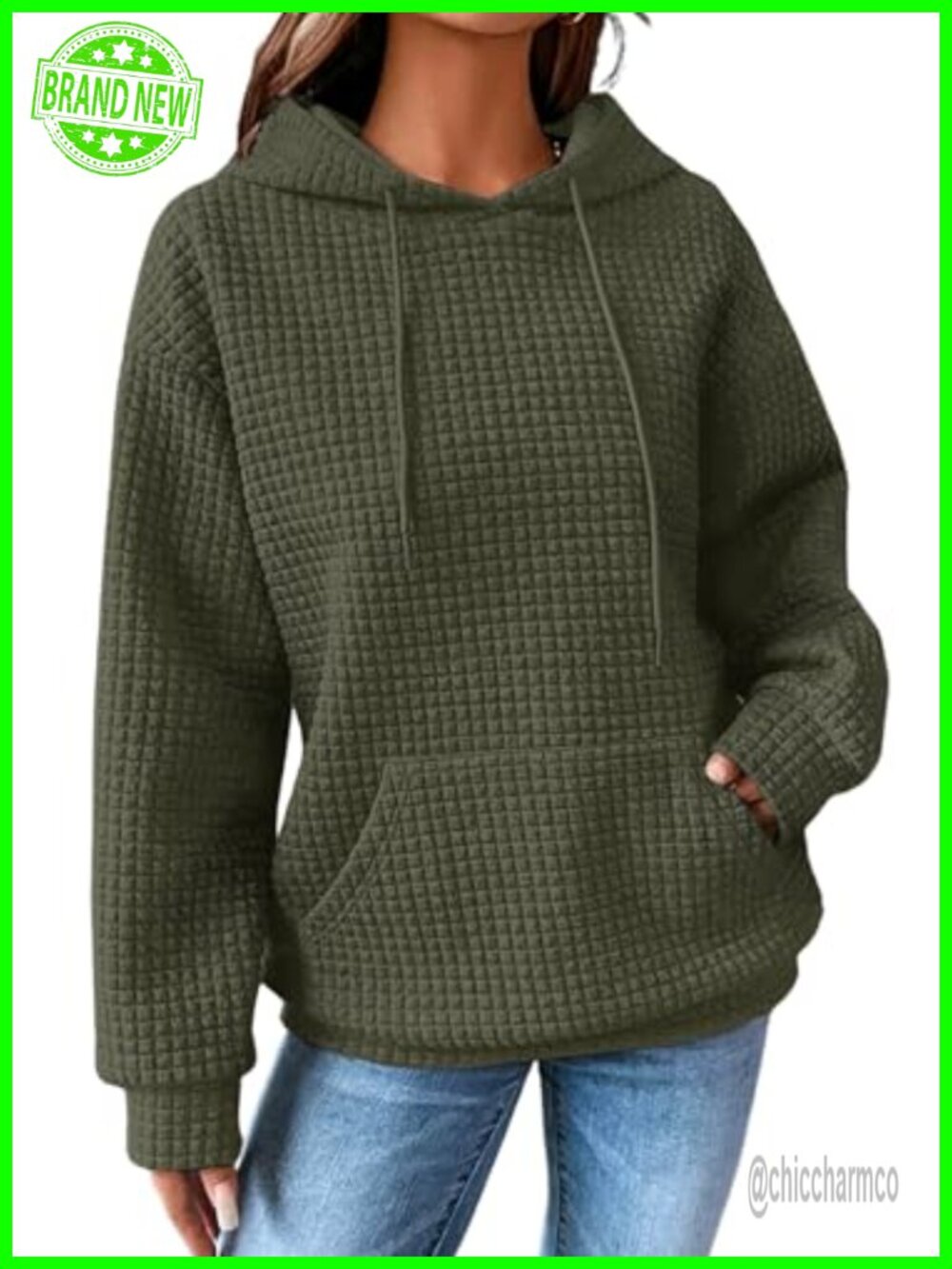 Waffle Knit Hoodie Pullover Oversized Sweatshirt with Pocket